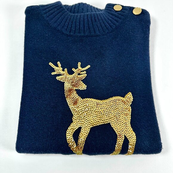 Talbots Sequin Reindeer Mockneck Sweater Blue Gold Buttons M Petite Holiday Look - Picture 3 of 14